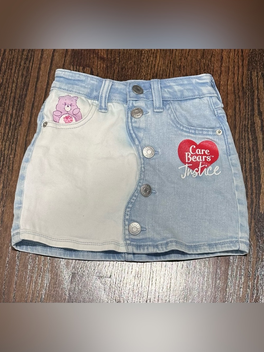 Justice Girls' Two-Tone Light Blue and White Care Bears Denim Skort